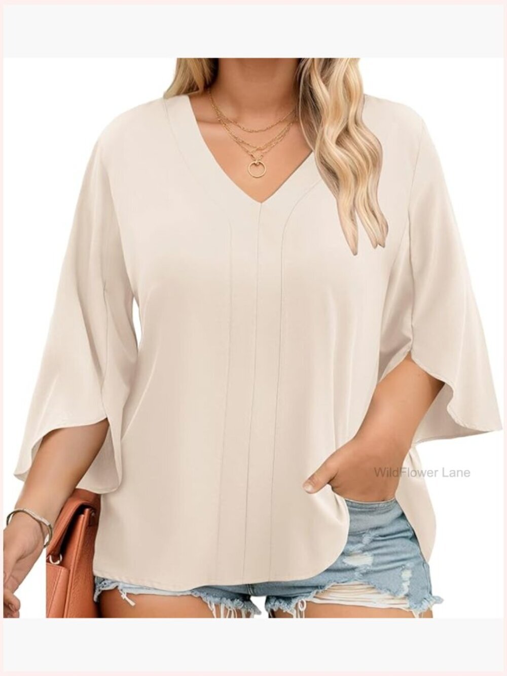 Plus Size 3/4 Sleeve V-Neck Flowy Tunic Blouse Business Casual